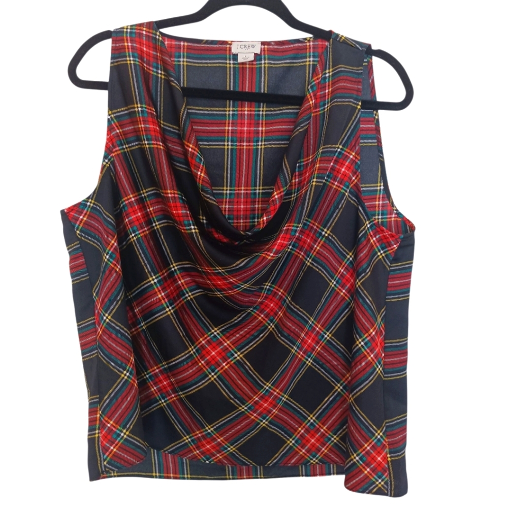 J. Crew Top Women's Size L Red & Black Plaid Sleeveless Blouse Cowl Neck‎ Tank - Picture 1 of 7